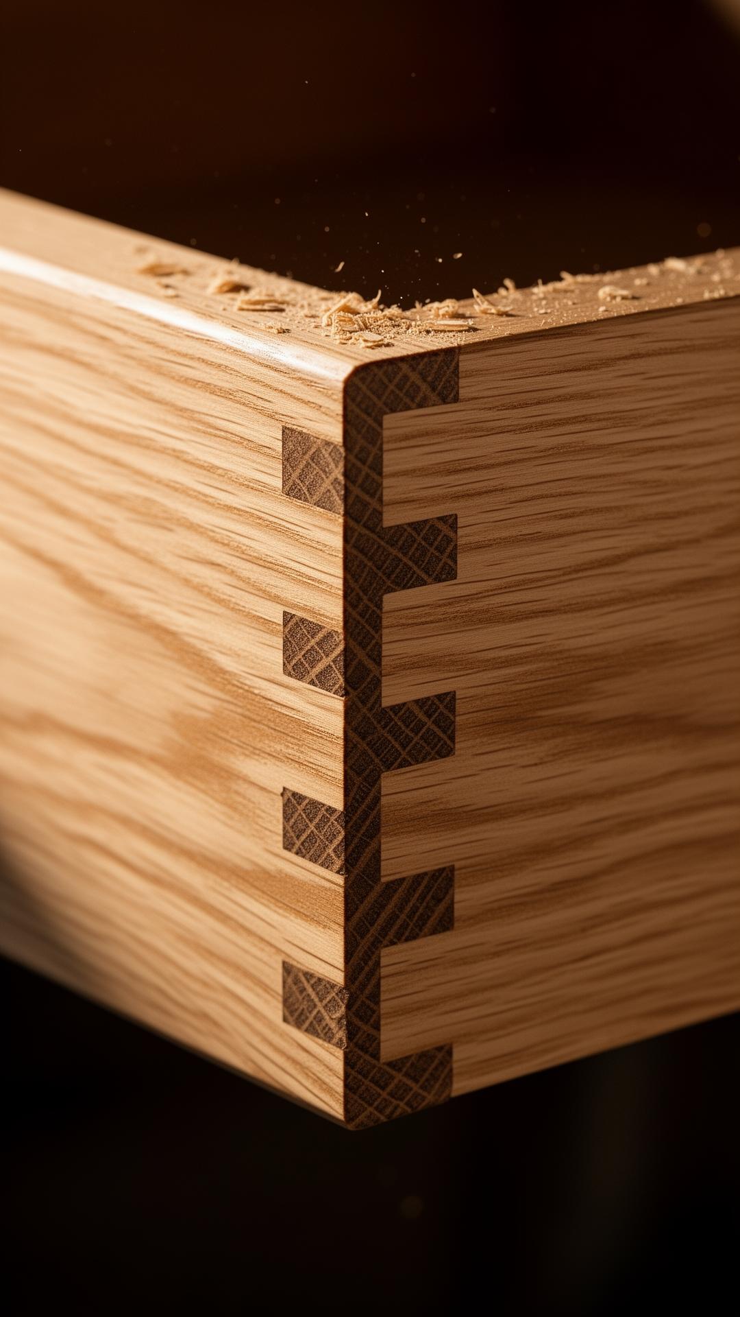 Hand-cut dovetail joint in white oak